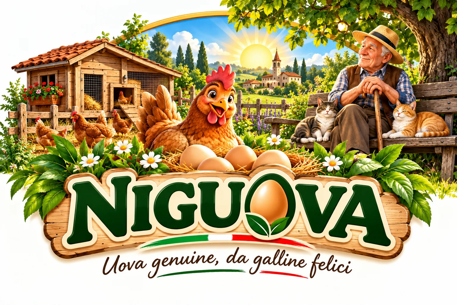 Emblema NIGUOVA: gallina sorridente, pollaio, sole e nonno sulla panchina con due gatti